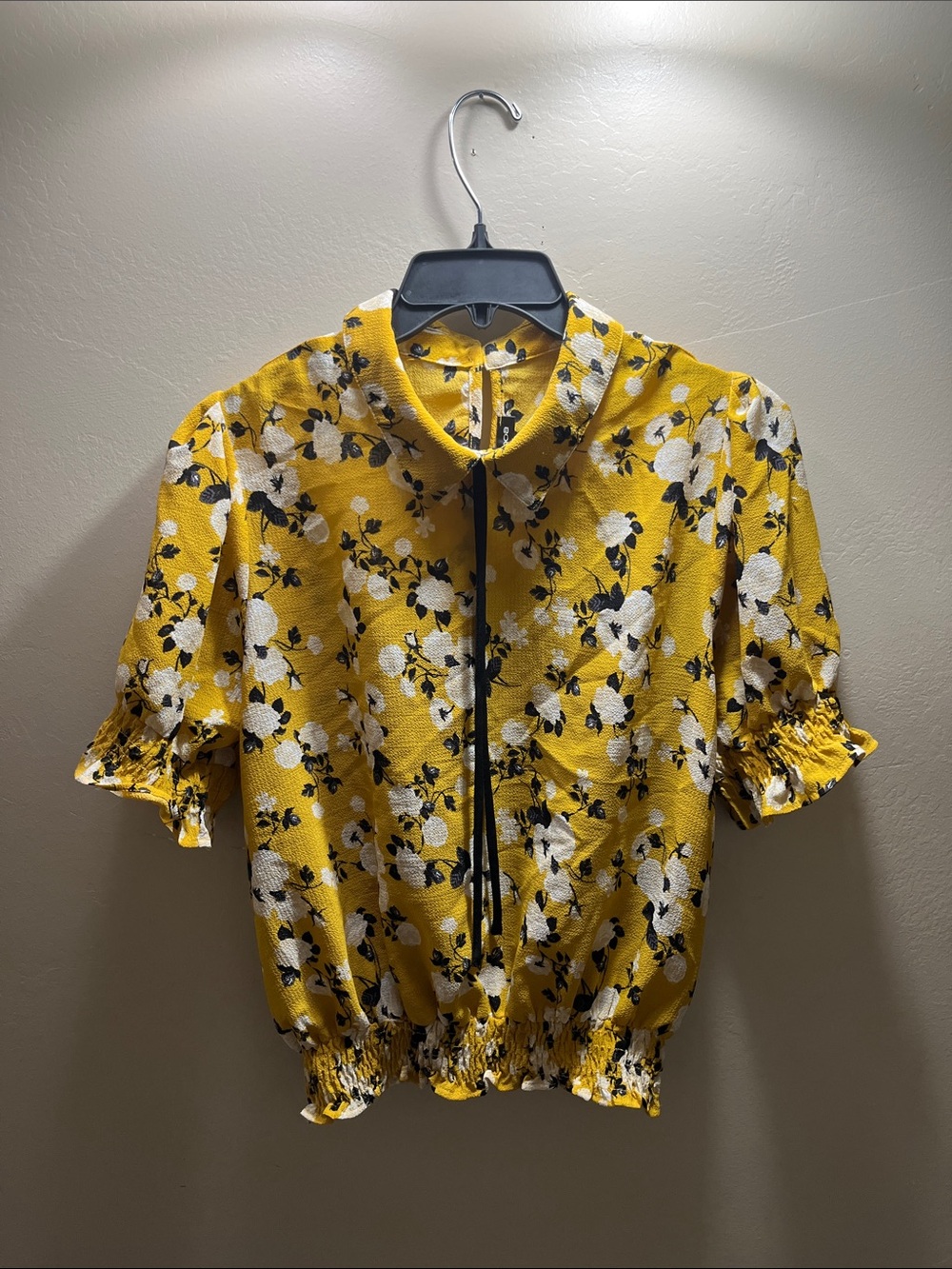Moa Moa Yellow Floral Short Sleeve Blouse with Tie Neck